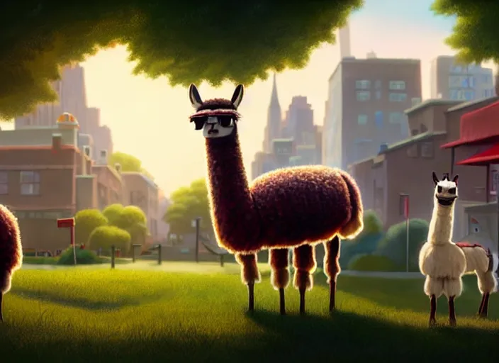 Image similar to a wholesome animation key shot of a llama, wearing a fez, new york zoo in the background, studio ghibli, pixar and disney animation, sharp, rendered in unreal engine 5, anime key art by greg rutkowski, bloom, dramatic lighting