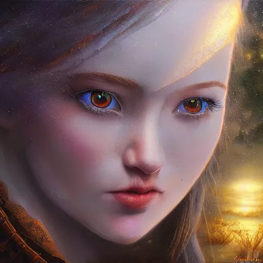 Prompt: 🧝👑🌌🌉🌕💮, realistic painting, high definition, digital art, matte painting, very detailed, realistic