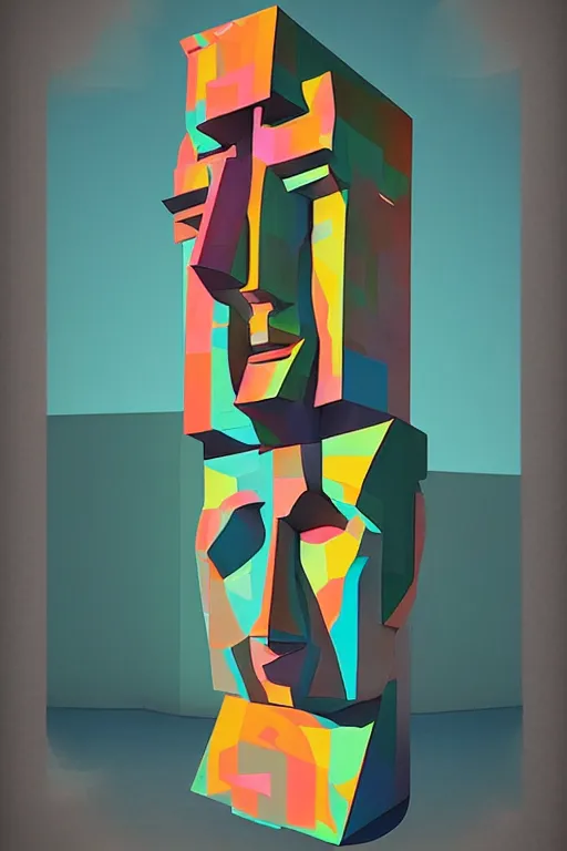 Image similar to cubist moai statue cutout digital illustration cartoon colorful beeple