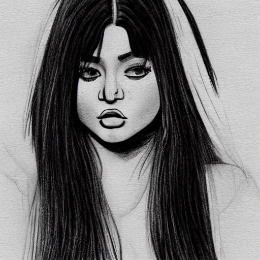 Image similar to grunge drawing of kylie jenner in the style of the grudge