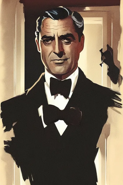 Prompt: Cary Grant as a superspy, in a black tuxedo, bow tie, dramatic backlighting, autochrome, high contrast, highly detailed, sharp focus, digital painting, concept art, illustration, filmpunk , trending on artstation, art by greg rutkowski and greg hildebrandt, composition by alphonse mucha