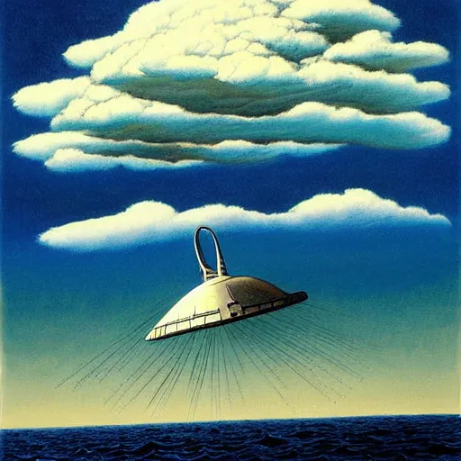 Prompt: a beautiful painting of a space craft flying on a great lake with spectacular clouds by moebius