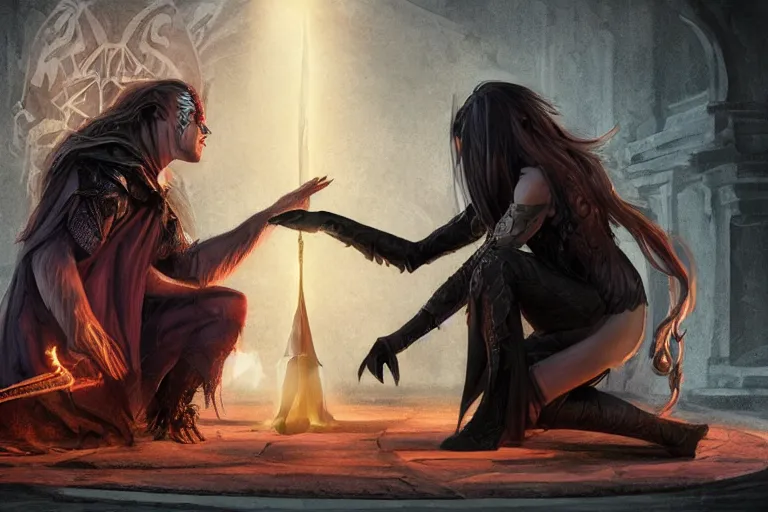 Prompt: the dark sorceress bestows her magic upon her disciple, which is kneeling in front of her, concept art, trending on artstatio HD