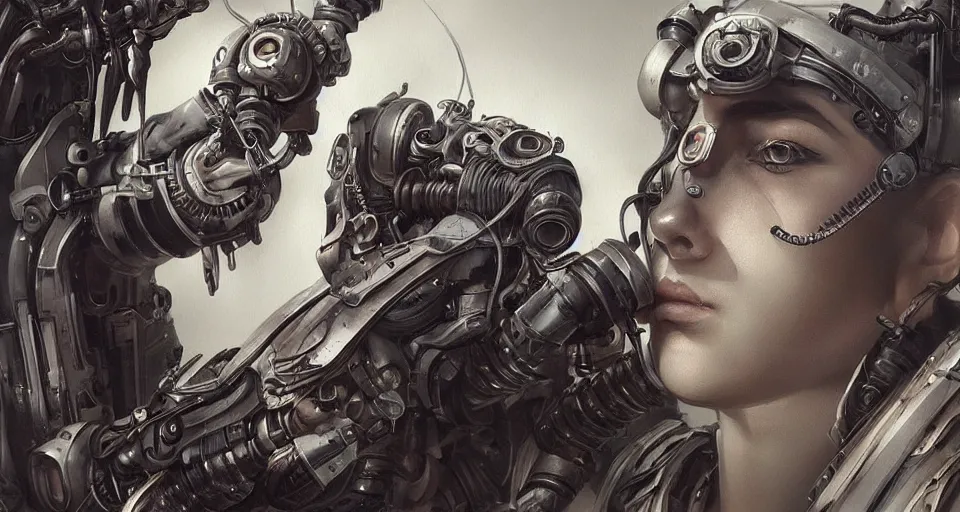 Image similar to “ a extremely detailed stunning portraits of dieselpunk cyborg by allen william on artstation ”