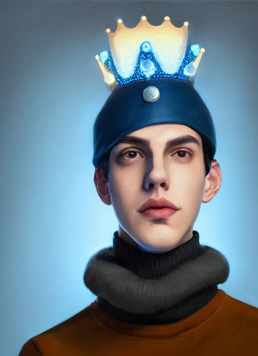 Image similar to portrait of teenage jughead jones wearing a light grey crown, crown, blue turtleneck, closed eyes, photorealistic, black hair, glowing lighting, intricate, elegant, glowing lights, highly detailed, digital painting, artstation, concept art, smooth, sharp focus, illustration, art by wlop, mars ravelo and greg rutkowski