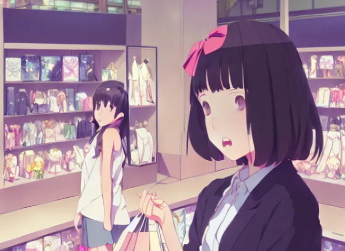 Image similar to portrait of a cute girl shopping at the mall, rule of thirds, illustration concept art anime key visual, trending pixiv fanbox by wlop and greg rutkowski and makoto shinkai and studio ghibli and kyoto animation