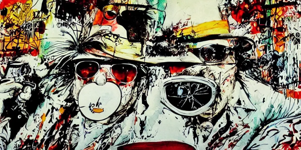 Image similar to fear and loathing in florida, by ralph steadman art in a terry gilliam movie, cinematic frame, hunter s thompson,