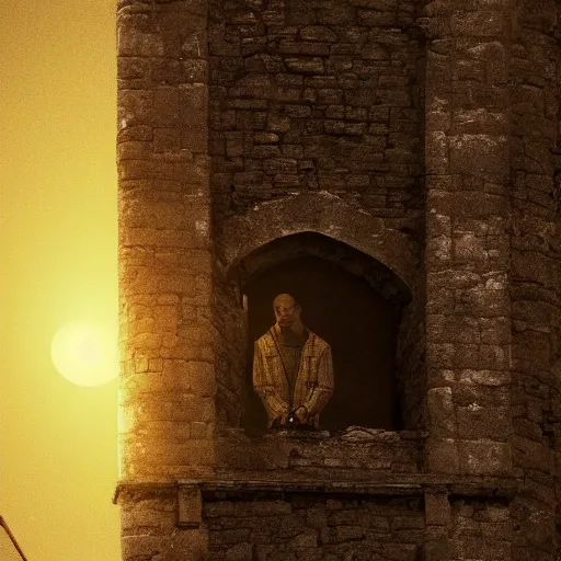 Prompt: Close-up of a terrified catholic priest in his twenties fervently praying at the top of a medieval tower. He is looking horrified as a yellow shadow descends upon him from the night sky. Dramatic lighting. Award-winning digital art, trending on ArtStation