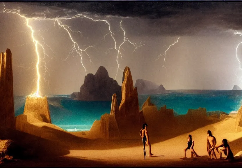 Prompt: Piramids of sand, refracted sparkles, thunderstorm, greek pool, beach and desert on the background major arcana sky, by paul delaroche, hyperrealistic 4k uhd, award-winning, very very very detailed