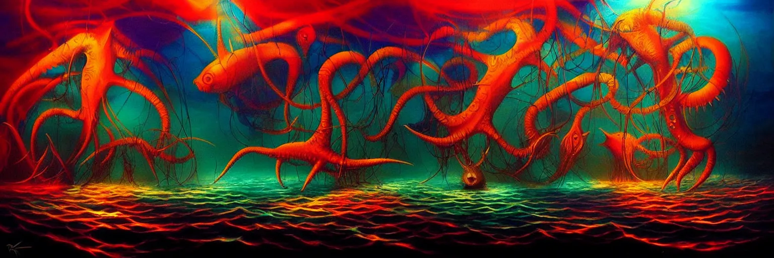 Image similar to strange sea creatures from the depths of the collective unconscious, dramatic lighting, surreal darkly colorful painting by ronny khalil