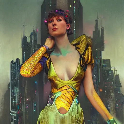 Image similar to a highly detailed portrait of a futuristic blade runner princess, neon colored dress, beautiful detail and color, art by john collier and albert aublet and krenz cushart and artem demura and alphonse mucha, volumetric lighting, octane render, 4 k resolution, matte, sharp focus, illustration, art by jacque - louis david, baroque style