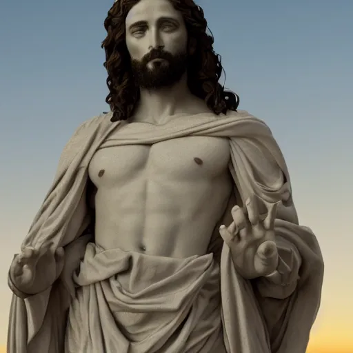 Image similar to an extremely detailed sculpture of a ridiculously good looking jesus that looks like a jewish gigachad posed like the christo redentor, long curly hair, elegant ancient greek dress, very detailed, standing on a mountain over rio de janeiro, beautiful, intricate, cinematic, artstation, william bouguereau, alphonse mucha, greg rutkowski, rossdraws, octane render