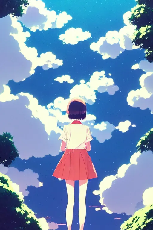 Image similar to cover of a smiling girl by ilya kuvshinov, cloudy sky background lush landscape ln illustration concept art anime key visual trending pixiv by victo ngai fanbox by greg rutkowski makoto shinkai takashi takeuchi studio ghibli