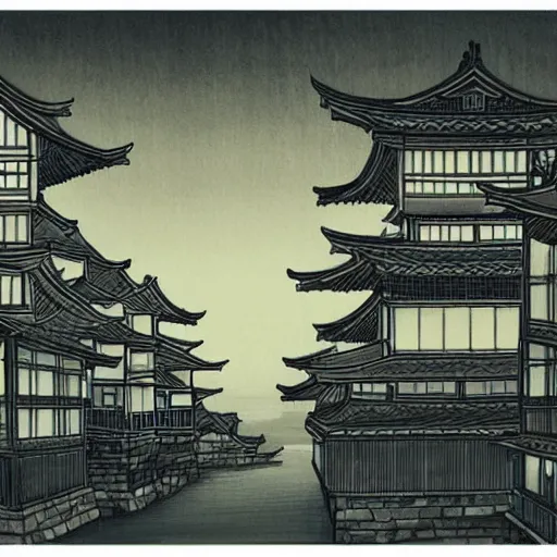 Prompt: a beautiful ink painting of buildings in japanese traditional style, in the style of hiroshi yoshida, at night, light effect, detailed, high - definition, exquisite isolated very detailed, moody lighting, 8 k highly detailed, trending on artstation - n 9