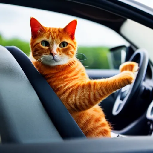 Image similar to an orange tabby cat driving a car