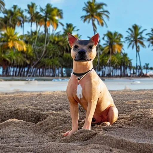 Image similar to an american pitpull terrier on an island beach with palm trees in the background