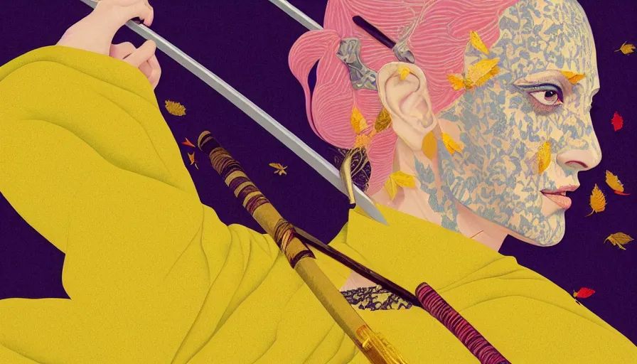 Prompt: breathtaking detailed pattern pastel colors of uma thurman ( kill bill ) in yellow kimono, with katana sword and autumn leaves, by hsiao - ron cheng, bizarre compositions, exquisite detail, enhanced eye detail