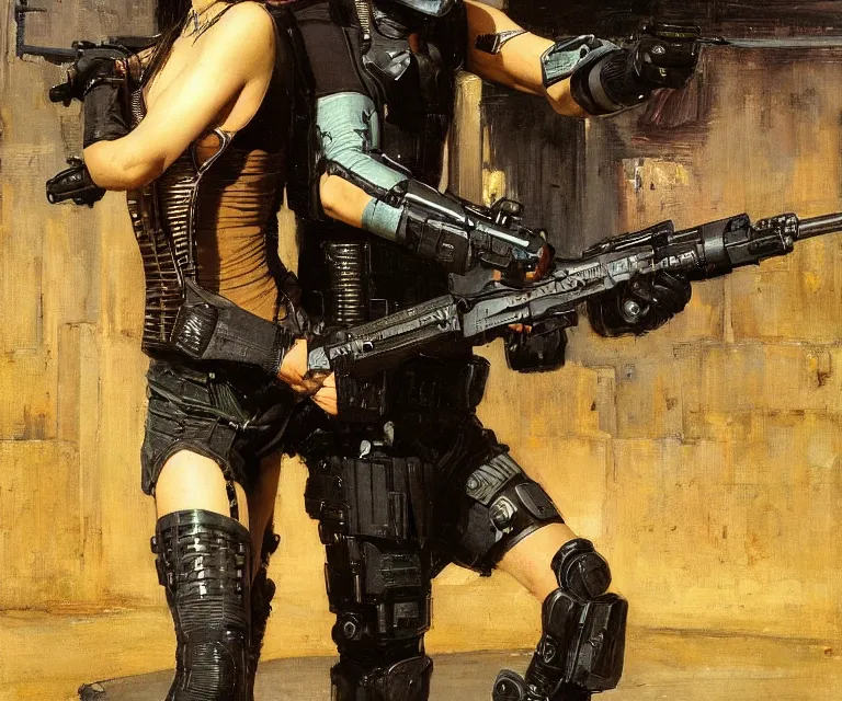 Image similar to Maria evades sgt rhodes. Cyberpunk hacker escaping Menacing Cyberpunk police trooper wearing a combat vest. (dystopian, police state, Cyberpunk 2077, bladerunner 2049). Iranian orientalist portrait by john william waterhouse and Edwin Longsden Long and Theodore Ralli and Nasreddine Dinet, oil on canvas. Cinematic, vivid colors, hyper realism, realistic proportions, dramatic lighting, high detail 4k