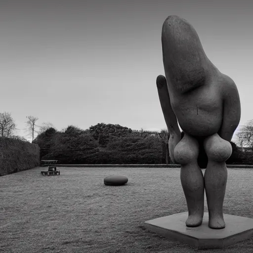 Image similar to boris johnson, henry moore sculpture, in a brutalist landscape, wide angle