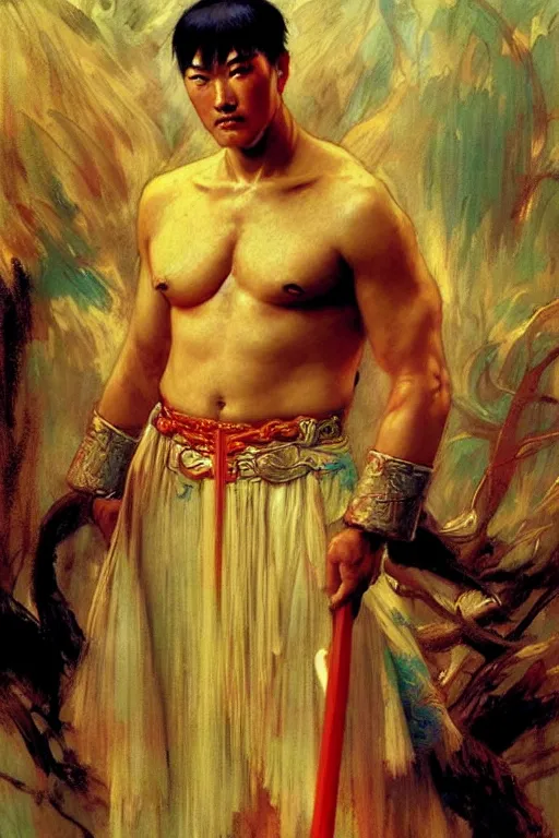 Prompt: wuxia, beefy male, character design, ancient china, colorful, painting by gaston bussiere, craig mullins, j. c. leyendecker, tom of finland