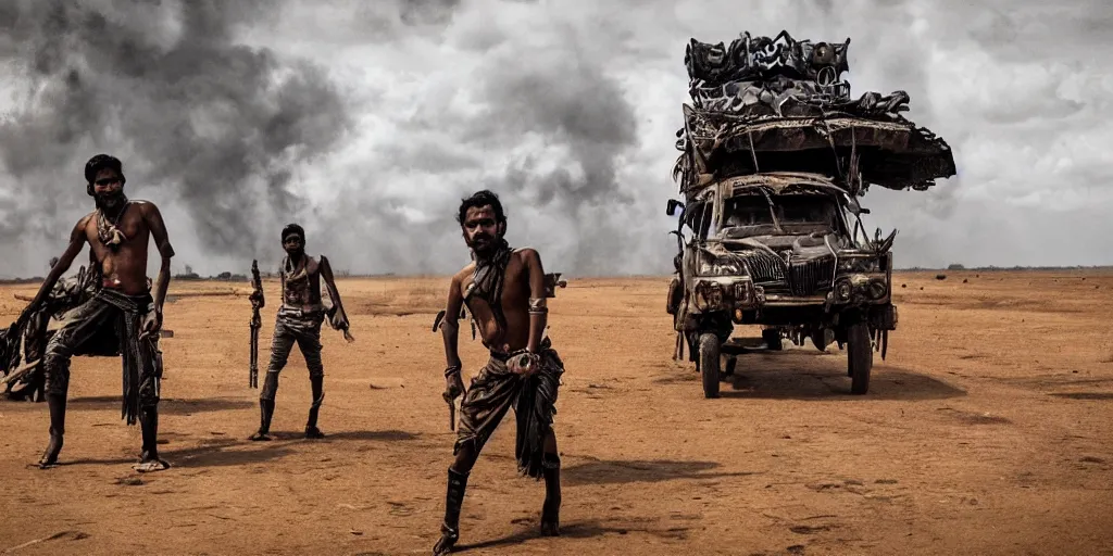 Image similar to sri lankan mad max style, film still, epic shot cinematography, rule of thirds