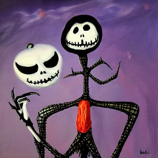 Image similar to “ a nightmare before christmas, jack skellington dances with sally, dystopian desert christmas, award winning, in the style of paul bonner, oil on canvas. ”