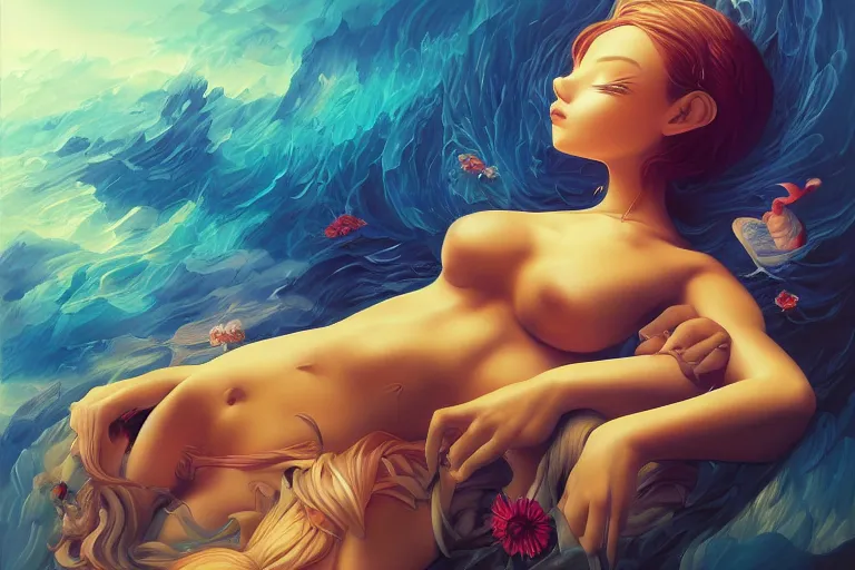 Image similar to daydreaming by ross tran, detailed painting, pop surrealism, a vivid landscape, a simple vector based illustration, minimalist, an ultrafine detailed painting by rafal olbinski, airbrush art, artgerm, very detailed, skeuomorphic, behance contest winner