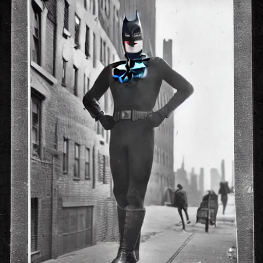 Image similar to old black and white photo portrait, 1 9 2 5, close - up portrait depicting batman standing proudly in alley of new york city, rule of thirds, historical record