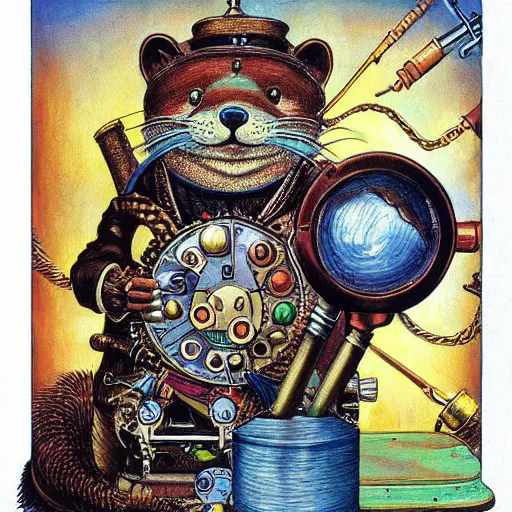 Prompt: steampunk otter inventor, fantasy illustration, Louis William Wain