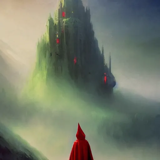 Image similar to ''cinematic shot'' red hooded wizard with bells ringing simetrical 8 k atmosferic realistic, wearing a green cape, holding a bell, made by ivan aivazovsky, peter mohrbacher, greg rutkowski volumetric light effect broad light oil painting painting fantasy art style sci - fi art style realism premium prints available artwork unreal engine