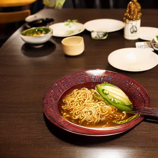 Prompt: Cthulhu sitting at table eating ramen 8k