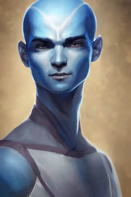 Image similar to Portrait of Aang,blue arrow paint going down his head, by Charlie Bowater