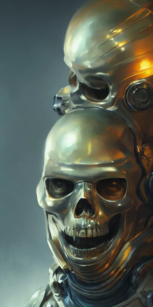 Prompt: close up portrait of a metallic skull inside of a space suit, extremely detailed digital painting, in the style of fenghua zhong and ruan jia and jeremy lipking and peter mohrbacher, mystical colors, rim light, beautiful lighting, 8 k, stunning scene, raytracing, octane, trending on artstation