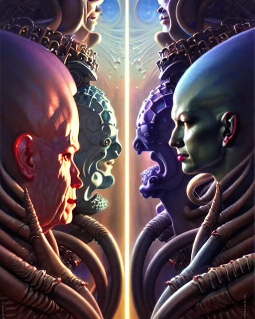 Image similar to beautiful gemini good and evil fantasy character portrait, ultra realistic, wide angle, intricate details, the fifth element artifacts, highly detailed by peter mohrbacher, hajime sorayama, wayne barlowe, boris vallejo, aaron horkey, gaston bussiere, craig mullins