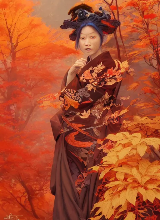 Image similar to tengu in autumn color kimono with art nouveau swirls, subsurface scattering, by jesper ejsing, justin gerard, tomasz alen kopera, cgsociety and fenghua zhong, highly detailed, rim light, cinematic lighting, illustration, art, octane render, very coherent, cinematic, hyper realism, high detail, octane render, 8 k