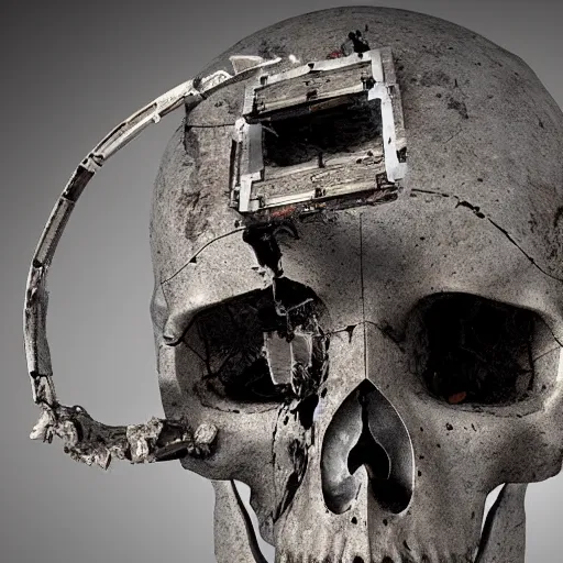 Image similar to a destroyed skull of a robot, made with scuffed brushed metal, missing parts, wires, on display, on a museum pedestal, redshift render, by Victor Hugo, greeble