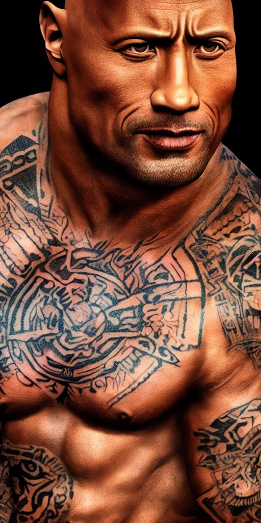 Prompt: Portrait of Dwayne Johnson with Indian tattoos and wearing Indian Apache outfit, realistic, digital art, smooth, trending on Artstation, 8k.