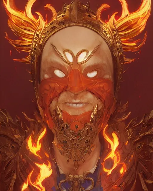 Prompt: happy mask salesman from zelda, full body photo, flames everywhere, highly detailed, digital painting, artstation, concept art, smooth, sharp focus, illustration, art by artgerm and greg rutkowski and alphonse mucha