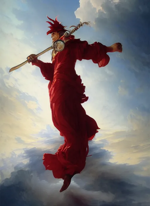 Prompt: Full View of a boisterous Red Mage wearing striped shining armor and a feathered hat holding a staff of power surrounded by an epic cloudscape. Magus. Red Wizard. Morpheus. masterpiece. 4k digital illustration. by Ruan Jia and Artgerm and Andreas Rocha and William-Adolphe Bouguereau and Edmund Blair Leighton. award winning, Artstation, intricate details, realistic, Hyperdetailed, 8k resolution. Concept Painting. Key Art