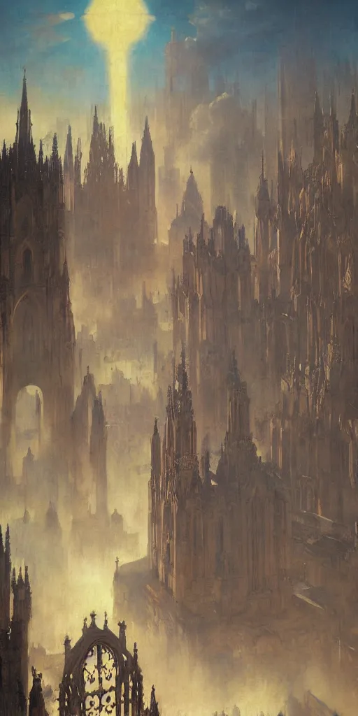 Image similar to sunlit vista, dieselpunk gothic cathedral, painted by ruan jia, petrol oil, lawrence alma tadema, zdzislaw beksinski, norman rockwell, jack kirby, tom lovell, alex malveda, greg staples, hand of fear, bbc, tv