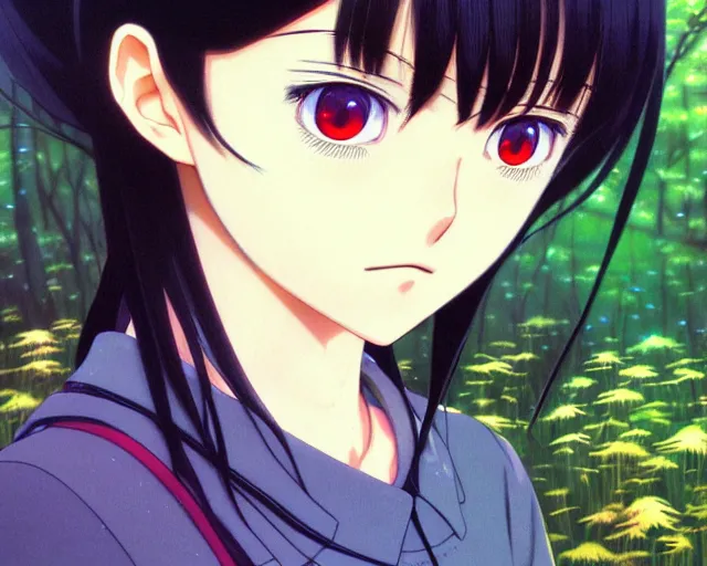 Prompt: beautiful anime girl with black hair and bangs, fine details portrait, forest background, bokeh. anime masterpiece by Studio Ghibli. illustration, sharp high-quality anime illustration in style of Ghibli, Ilya Kuvshinov, Artgerm