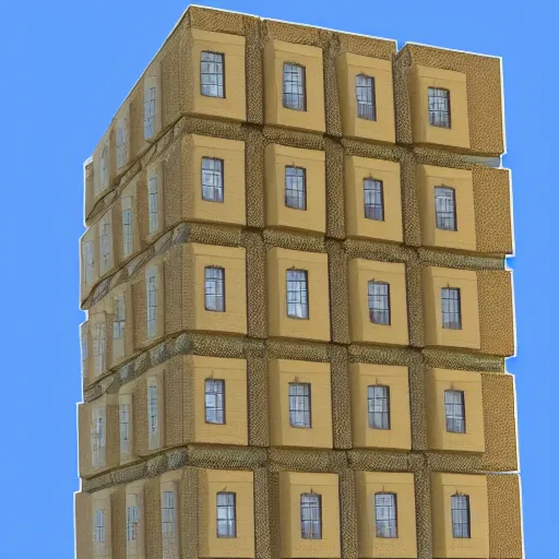 Prompt: 3 d rendering of menger sponge, the size of a building, dramatic lighting, with lights on in the windows