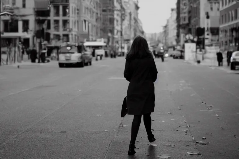 Image similar to Flim still of a woman drinking coffee, walking to work, long shot, wide shot, full shot