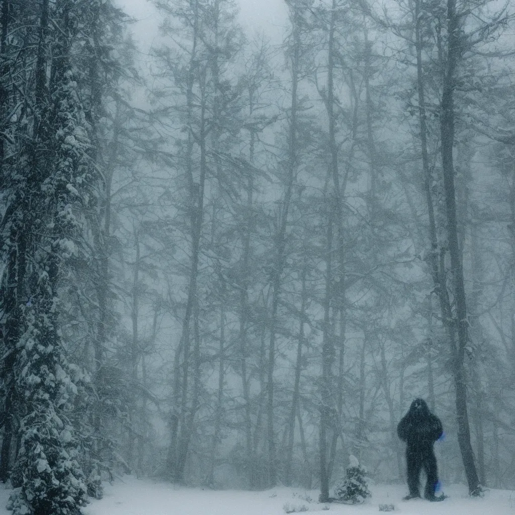 Image similar to photo, bigfoot is hiding in the background. cold color temperature, snow storm. hazy atmosphere. humidity haze. kodak ektachrome, greenish expired film, award winning, low contrast