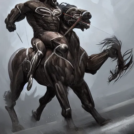Prompt: a massive musclebound black - coated male anthro horse wearing a power - restricting outfit protecting a facility, equine, highly detailed, digital painting, artstation, sharp focus, game art, concept art, illustration, art by artgerm, greg rutkowski, wlop