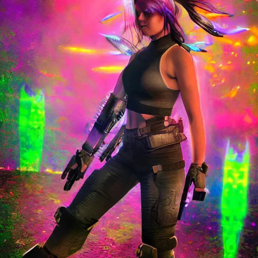 Image similar to Long Shot of psychodelic Sonya Blade in mysterious astral temple jumpin with pistol in river of chromatic SPIRITS , beautiful, dmt, trending on artstation, omnious, soft, hypermaximalistic, high details, cinematic, 8k resolution, artwork by Wong, Liam