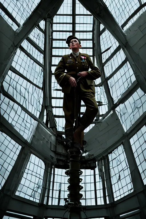 Image similar to kodak portra 5 0 mm f 4 full body portrait photography of a wwii airborne infantry soldier who's a mix of gillian anderson and adam driver, looking exhausted, setting is inside a sci fi megastructure tower looking out a window, photo by erwin olaf