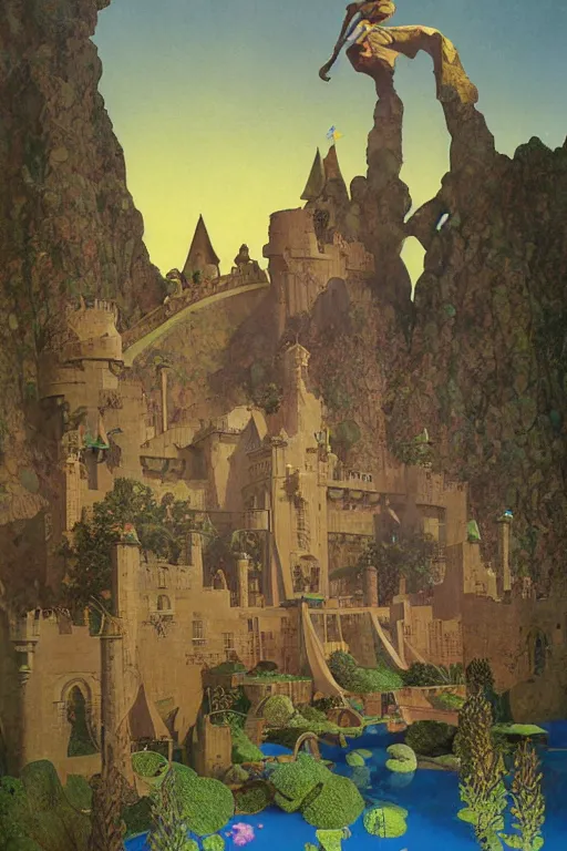 Image similar to a surreal castle made of books, digital painting by maxfield parrish and leyendecker and michael whelan, photorealistic