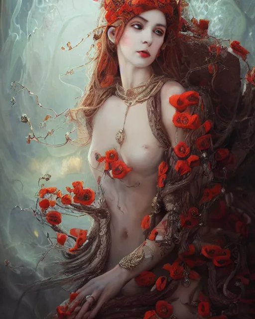 Image similar to portrait of the strangly beautiful young goddess of poppy, surreal, fantasy, intricate, elegant, dramatic lighting, emotionally evoking symbolic metaphor, highly detailed, lifelike, photorealistic, digital painting, painterly, artstation, concept art, smooth, head in focus, sharp focus, illustration, art by John Collier and Krenz Cushart and Artem Demura and Alphonse Mucha and Albert Aublet,