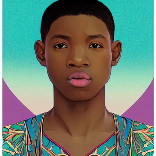 Prompt: colourful upper half portrait of an african boy - in japan graphic design illustration style, art by hsiao - ron cheng & alphonse mucha, highly detailed, digital painting, illustration, smooth, sharp focus, intricate, symmetry, pinterest, behance,